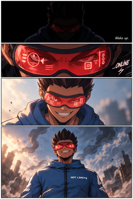A four-panel anime/comic strip shows a character wearing red futuristic AR goggles, with 'Wake up.' and '...ONLINE' text, ending with a city skyline and 'NOT LIMITS' on his jacket.