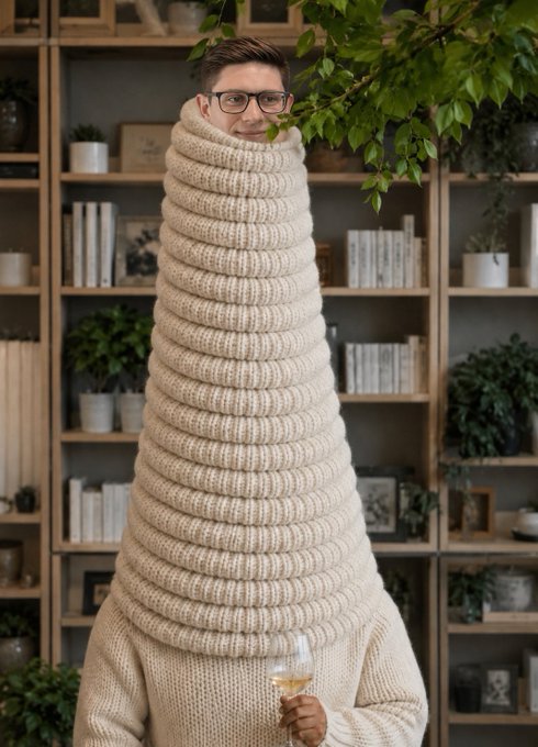 A humorous image shows a person wearing an oversized, extremely long and coiled beige knitted sweater that extends in a tall cone shape from their neck, while holding a wine glass.