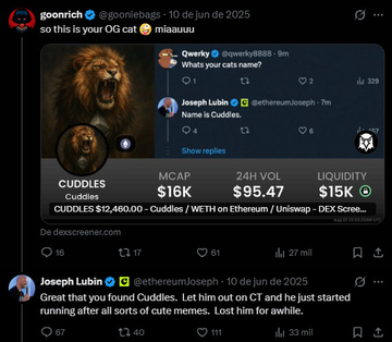 A social media post by goonrich showcases a "CUDDLES" token card valued at $16K with a $95.47 24-hour volume, featuring a roaring lion image, while Ethereum co-founder Joseph Lubin confirms the token's name "Cuddles" in the reply. The post references a specific contract address and claims this is a unique, non-PVP narrative backed by direct interaction from a major Ethereum figure.