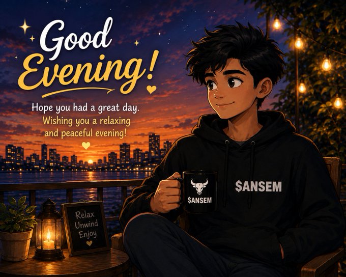 An illustrated 'Good Evening!' greeting card featuring a young man in a black 'SANSEM' hoodie holding a matching mug, with a sunset city skyline, string lights, and a chalkboard reading 'Relax, Unwind, Enjoy' in the background.