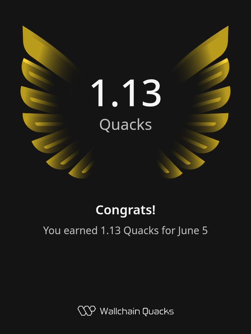The image features a poster with an illustration of a bird's wing, which has the number 1.13 Quacks printed below it. The text "Congratulations! You earned 1.13 Quacks for June 5" is also present on the poster. This suggests that the person who posted this content has achieved a certain goal or milestone related to trading Quacks. The poster appears to be promoting the idea of using Quacks as an investment, and possibly rewarding those who invest in them with Quacks themselves.