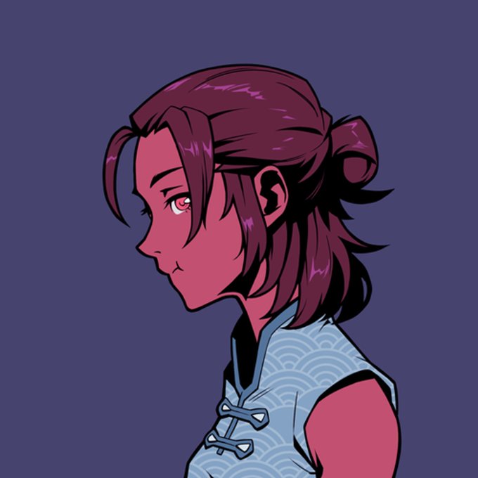 The image shows a profile view of an anime-style character with dark purple hair tied in a bun, pink eyes, and reddish skin, wearing a blue traditional Chinese-style top with wave patterns and toggle closures. This depicts one of the Azuki NFT characters (specifically #9214) referenced in the post, which announces the NFT's sale for 1.142 ETH on OpenSea.