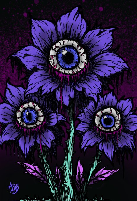 The image features three purple flowers with blue eyes, giving them a creepy appearance. The flowers are surrounded by green leaves, creating an eerie atmosphere. The background of the image is dark, which further enhances the unsettling effect of the scene. The caption reads "Good morning Still have a few editions left of my Blood-Iris Orchids" Slay the day! (3/5) 25 $XTZ". This phrase seems to be related to the flowers or the post in some way, but it is not clear from the image alone.