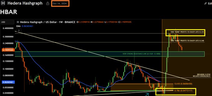 A candlestick chart of Hedera Hashgraph (HBAR/USD) on Binance's weekly timeframe is displayed, showing the asset's price declining from highs near $0.30 to lows around $0.053. The chart features technical analysis annotations including a descending trendline, a "Very Strong Resistance Line (0.1528 - 0.1600)" zone, and two highlighted "Some Profits to Enjoy" take-profit areas at 0.32 and 0.246, alongside labeled resistance levels at 0.618 and 0.786 Fibonacci retracements.
