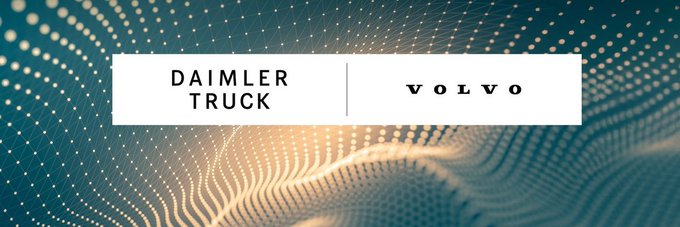 A banner-style image with a dark teal and gold dotted wave background displaying the logos for 'DAIMLER TRUCK' and 'VOLVO' side by side in white boxes, indicating a partnership or collaboration between the two companies.
