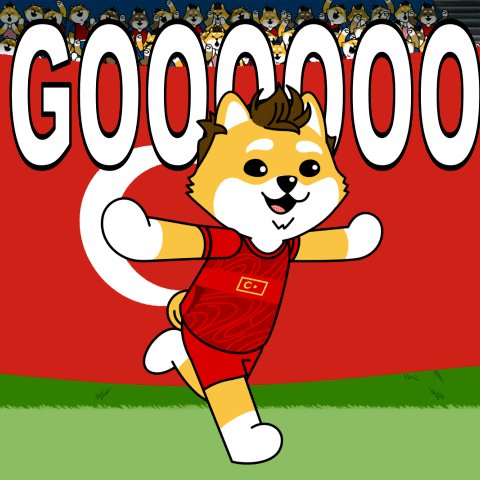 ızmir's running dog, dressed in red and white, runs across a green field with the Turkish flag displayed behind it.