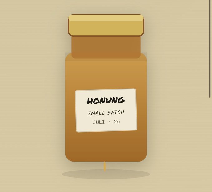 A cartoon-style illustration of an amber honey bottle with a yellow cap and a white label reading 'HONUNG SMALL BATCH JULI · 26'.