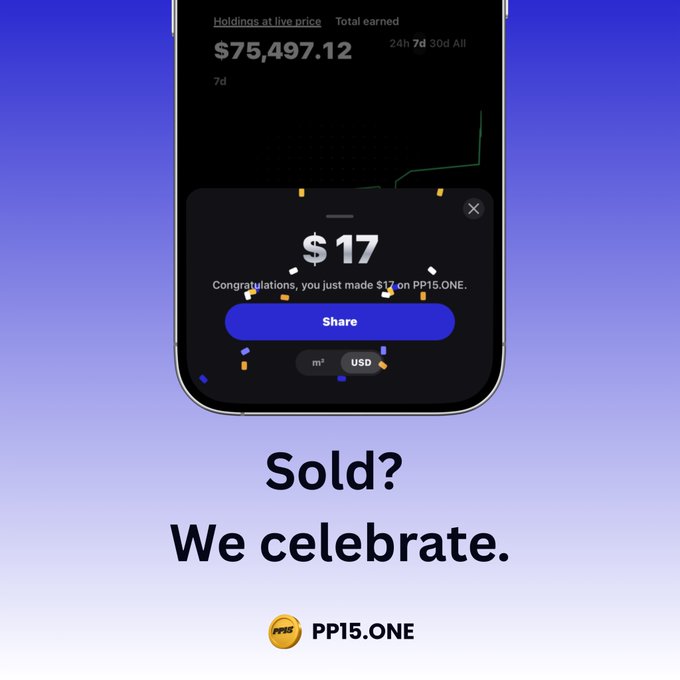 An advertisement showing a phone screen with the text "Holdings at live price", "$75,497.12", "$17", and "Congratulations, you just made $17 on PP15.ONE." with "Sold? We celebrate. PP15.ONE" below.