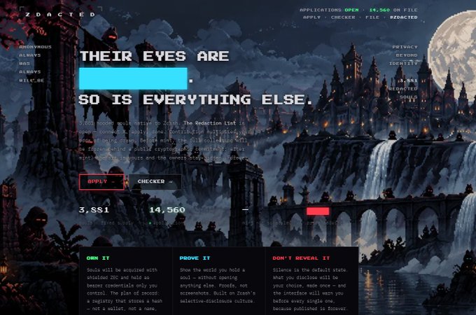 A dark, atmospheric website titled 'Z DACTED' displays the tagline 'THEIR EYES ARE [REDACTED]. SO IS EVERYTHING ELSE' over an illustrated gothic castle, noting '3,581 APPLY' and '14,560 ON FILE'.