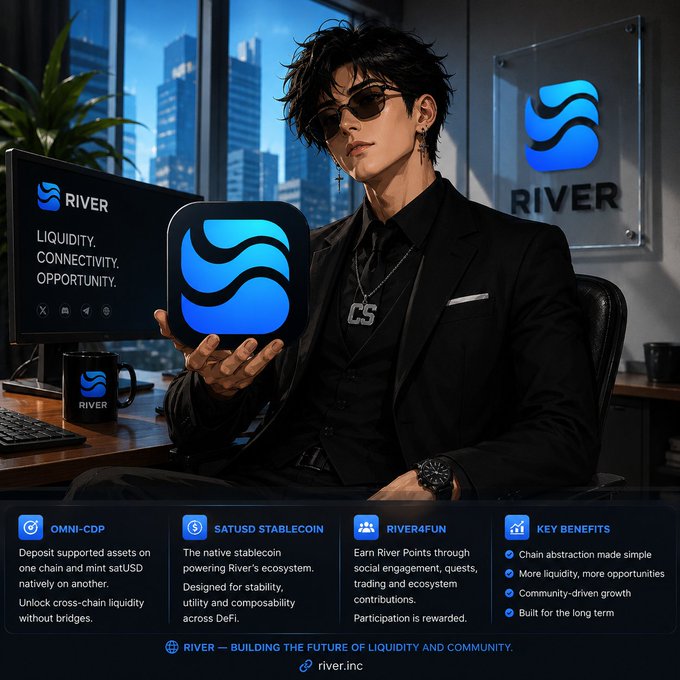 A promotional image for 'RIVER' cryptocurrency showing an anime-style character in a suit holding a blue logo tile, with text highlighting features like 'LIQUIDITY, CONNECTIVITY, OPPORTUNITY,' 'OMNI-CDP,' 'SATUSD STABLECOIN,' and 'RIVER4FUN.'