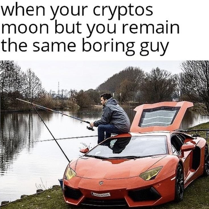 A meme image with the text 'when your cryptos moon but you remain the same boring guy' showing a man sitting on an orange Lamborghini fishing in a lake.