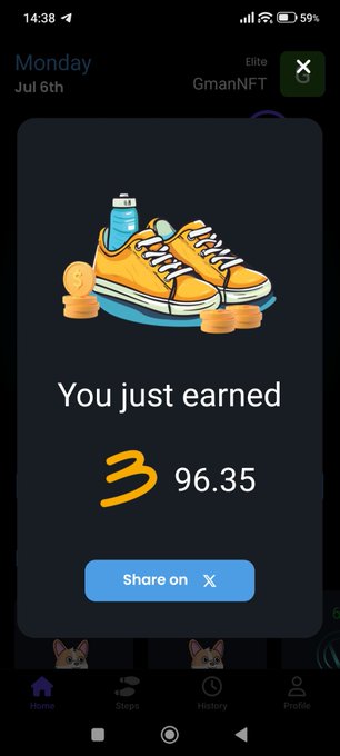 A screenshot of a ST3PR app notification showing "You just earned 3 96.35" with a graphic of orange sneakers, a water bottle, and coins, captioned with "Share on X"—illustrating the B3TR token earnings from the ST3PR step-tracking app on VeChain.