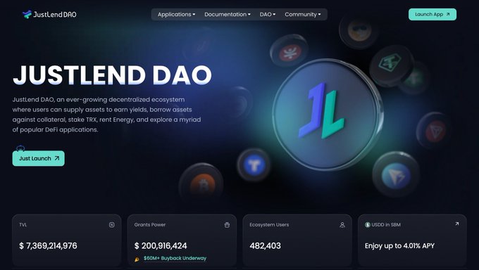 The image displays a screenshot of a website called JustLendDAO that appears to be related to cryptocurrency. It features an advertisement for Bitcoin, and there are numerous cryptocurrency icons present on its interface. The website also has a "jump to application" button at the top left corner, indicating that potential users can easily access the application or download documentation from the site if interested in cryptocurrencies or blockchain technology.