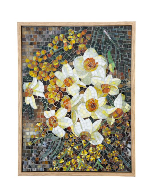 A framed mosaic artwork depicting a bouquet of white and yellow daffodils against a dark, checkered background.