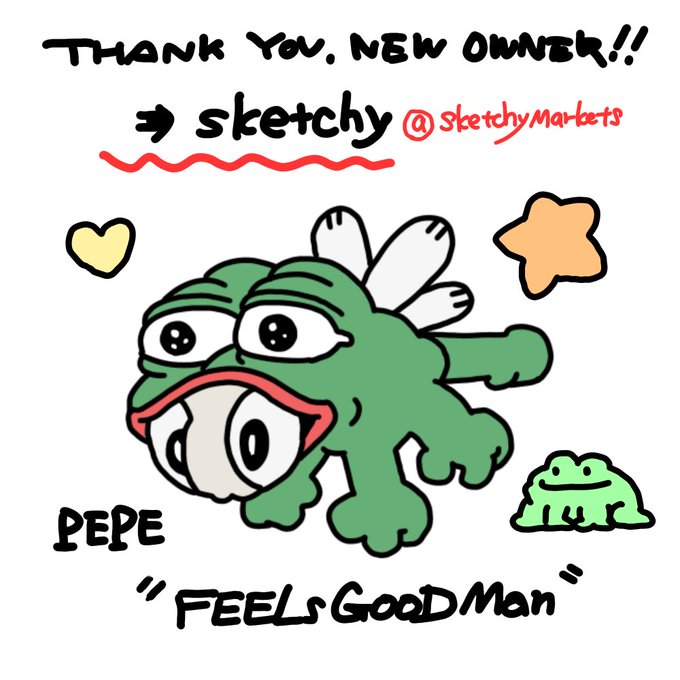 A cartoon illustration of Pepe the Frog dressed as a fairy with wings and a wand, with the text "THANK YOU, NEW OWNER!! → sketchy @SketchyMarkets", "PEPE", and "FEELS GOOD MAN".