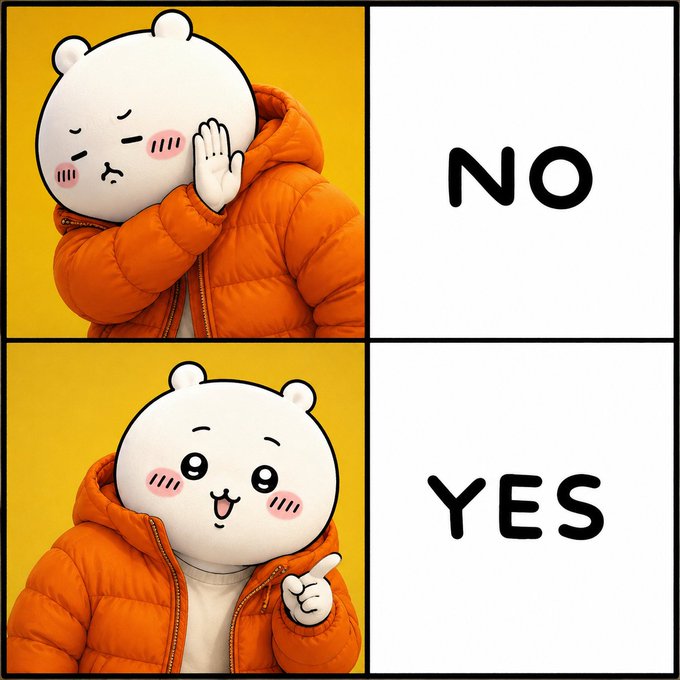 A cute white bear-like character in an orange puffer jacket rejects something with a disapproving pout labeled "NO" in the top panel, then happily points in approval with a cheerful expression labeled "YES" in the bottom panel, illustrating how most memecoins get dismissed while Chiikawa is enthusiastically endorsed.