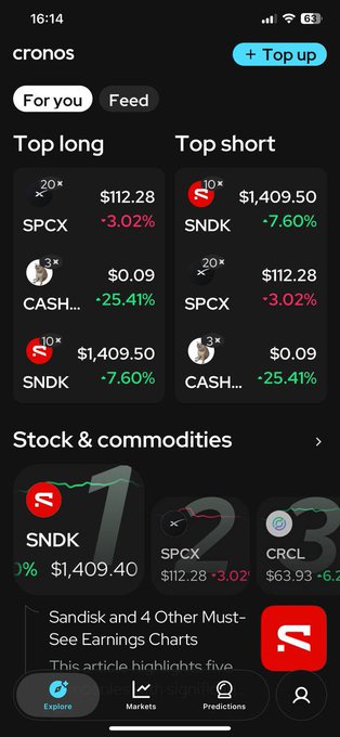 A screenshot of the 'cronos' trading app showing top movers with SNDK down 7.60% at $1,409.50, SPCX down 3.02% at $112.28, and CASH down 25.41% at $0.09.