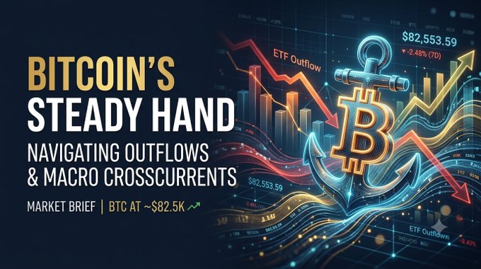 A financial market graphic titled "BITCOIN'S STEADY HAND: NAVIGATING OUTFLOWS & MACRO CROSSCURRENTS" featuring a glowing blue Bitcoin anchor symbol over charts, noting BTC at ~$82.5K.