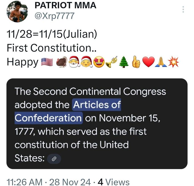 A tweet by PATRIOT MMA (@Xrp7777) celebrating the anniversary of the Articles of Confederation being adopted on November 15, 1777, with holiday emojis.