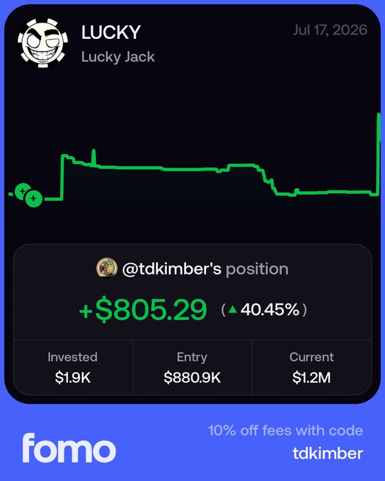 Fomo app screenshot showing a 'LUCKY - Lucky Jack' token chart from Jul 17, 2026, with @tdkimber's position showing +$805.29 (+40.45%), invested $1.9K, entry $880.9K, current $1.2M, and a 10% off code 'tdkimber'.
