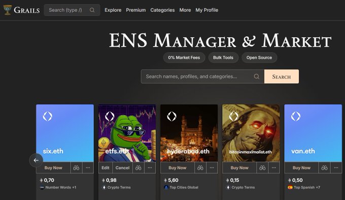 A screenshot of the 'ENS Manager & Market' website by Grails, displaying various Ethereum Name Service domain listings for sale, such as 'six.eth' and 'van.eth'.