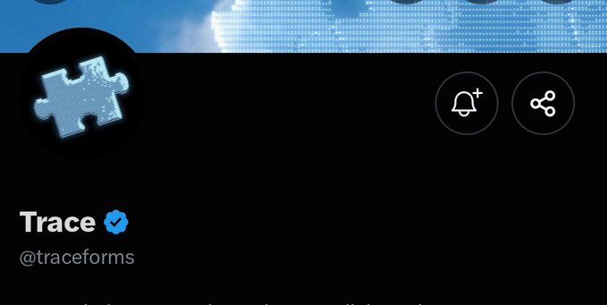 The image displays the header of Trace (@traceforms), a verified social media account, featuring a digital puzzle piece logo and notification/share icons against a dark background. The accompanying post expresses early interest in the project, aligning with the account's branding shown in the profile image.