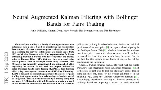 This image is the title page of a paper titled "Neural Augmented Kalman Filtering with Bollinger Bands for Pairs Trading," co-authored by Amit Milstein, Haoran Deng, Guy Revach, Hai Morgenstern, and Nir Shlezinger. The abstract mentions using Kalman Filters (KF) and Bollinger Bands (BB) for pairs trading, aligning with the post's discussion of static hedge ratios and the "Hedge Lag Window."