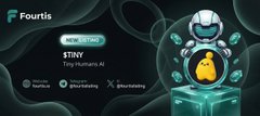 A promotional graphic for "Fourtis" features a futuristic robot character alongside text including "Tiny Humans AI" and "STINY" with social media handles.