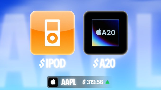 The image displays two Apple-themed cryptocurrency tokens, "$IPOD" featuring an orange iPod icon and "$A20" with a chip design, set against a blue background. A stock ticker at the bottom shows "AAPL $319.56 ▲," visually connecting these new Base chain tokens to Apple's upcoming 9/9 event.