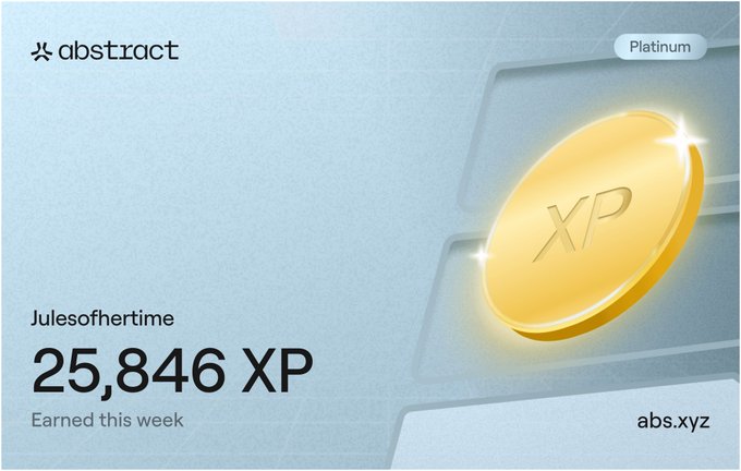 Abstract XP reward card for 'Julesofhertime' showing '25,846 XP' earned this week, with a Platinum tier badge, a gold coin graphic, and the 'abs.xyz' logo.