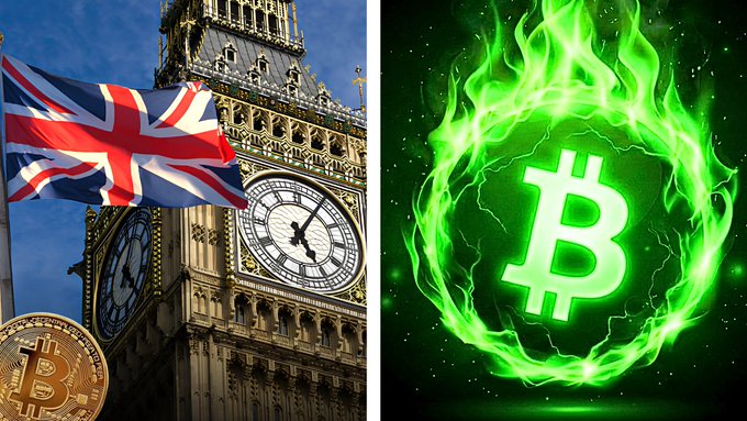 A composite image showing the Union Jack flag flying over Big Ben and a Bitcoin coin on the left, paired with a flaming Bitcoin logo on a green background on the right.