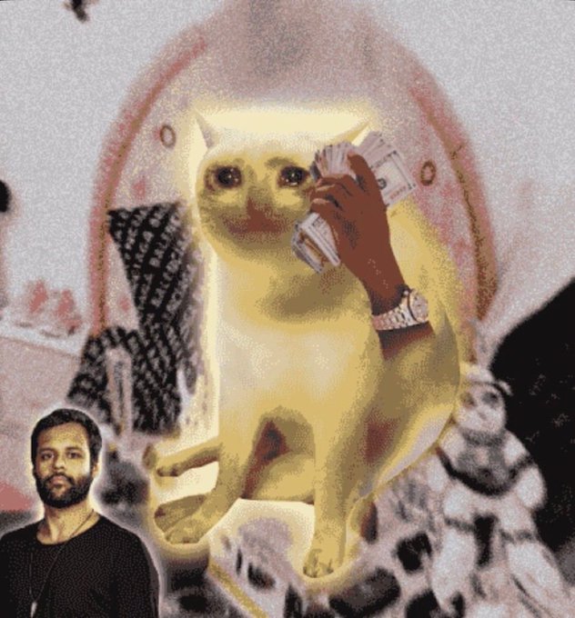 A surreal meme image features a glowing yellow cat holding cash to its ear like a phone, with rapper/actor Donald Glover (Childish Gambino) pictured in the bottom left corner, playing on his "This Is America" imagery to parody Nike's "Believe in something" slogan and promote the $CASHCAT crypto token.