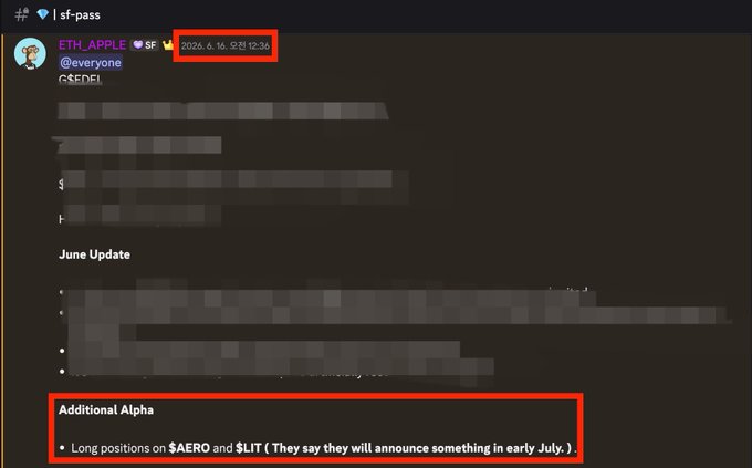 A Discord message from "ETH_APPLE" dated 2026.6.16 highlights a "June Update" with a red box drawing attention to "Additional Alpha" revealing long positions on $AERO and $LIT, with an upcoming announcement expected in early July—aligning with the recap noting $LIT and $AERO as key calls alongside several undisclosed private picks.