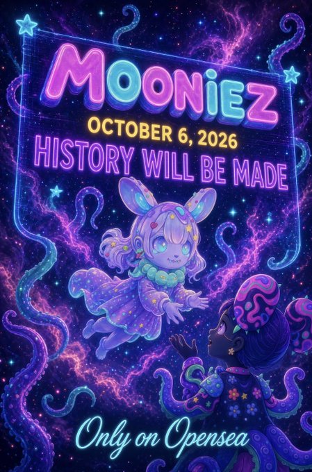 A vibrant cosmic-themed promotional poster for 'MOONIEZ' NFT drop on October 6, 2026, featuring anime-style characters including a floating bunny-like creature and another character, with text 'HISTORY WILL BE MADE' and 'Only on Opensea'.