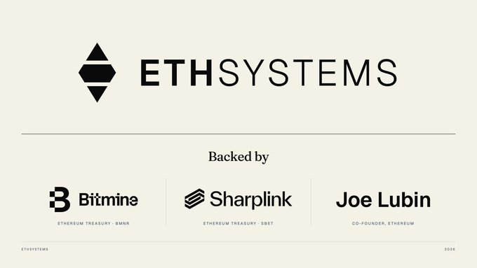 The image displays an "ETHSYSTEMS" logo (featuring an Ethereum diamond symbol) with the tagline "Backed by" highlighting three supporters: Bitmine (Ethereum Treasury · $BMNR), Sharplink (Ethereum Treasury · $SBET), and Joe Lubin (Co-Founder, Ethereum). The graphic serves as backing credentials for the ETH Systems investment mentioned in the post, emphasizing its ties to major Ethereum treasury firms and a key Ethereum co-founder to reinforce institutional credibility.