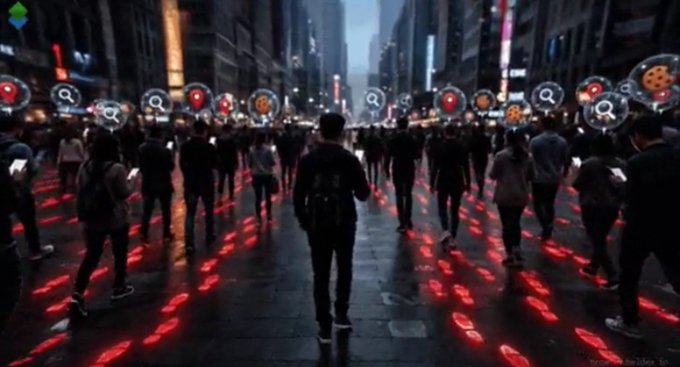 A digital artwork depicts a futuristic, dystopian city street scene with crowds of people walking among digital icons for cookies and searches, illuminated by red ground lights.