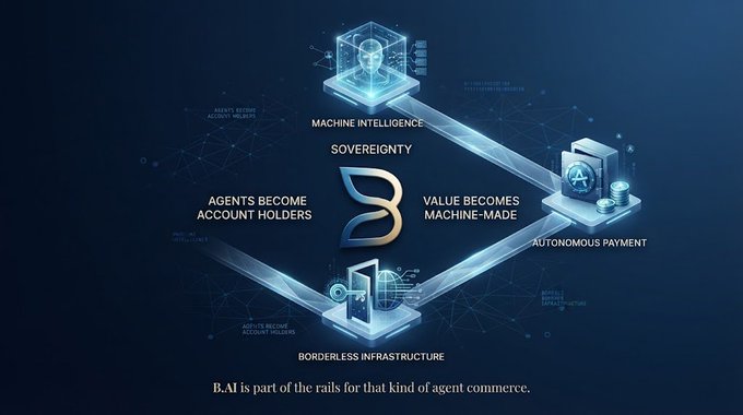 A promotional graphic for B.AI illustrating agent commerce infrastructure with elements labeled 'Machine Intelligence Sovereignty,' 'Agents Become Account Holders,' 'Value Becomes Machine-Made,' 'Autonomous Payment,' and 'Borderless Infrastructure.'
