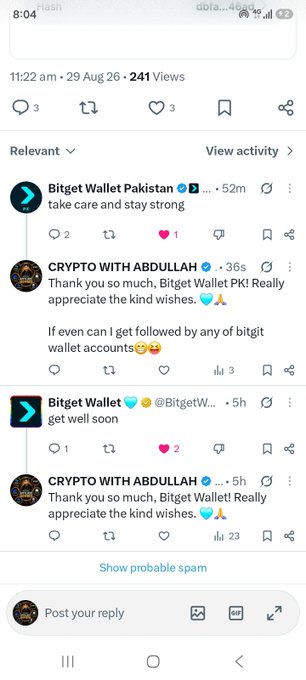 A screenshot of an X (Twitter) post showing a conversation between 'Bitget Wallet Pakistan' and 'CRYPTO WITH ABDULLAH', with messages reading 'take care and stay strong' and 'Thank you so much'.