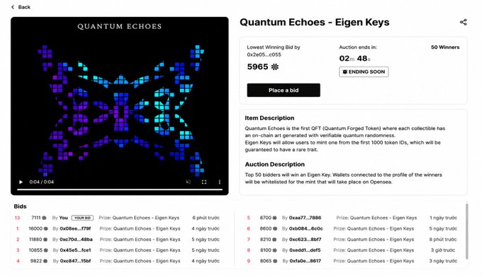 A webpage screenshot for 'Quantum Echoes - Eigen Keys' auction with a butterfly NFT image, current bid 5965, ending in 02H 48M, 50 Winners, and bid history below.