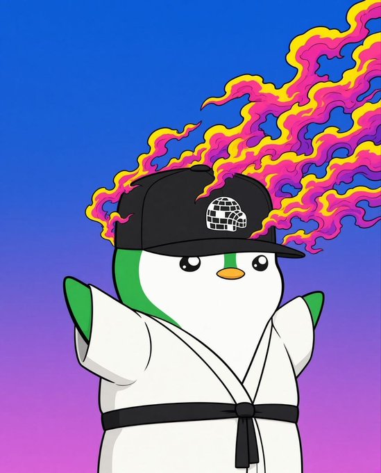 A cartoon penguin character wearing a black hat with a disco ball logo and a white martial arts uniform, with colorful pink and yellow flames blazing behind it.