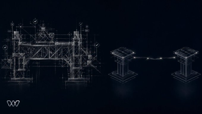 A dark blue technical wireframe illustration showing a complex scaffolding or construction structure on the left connected by a dashed line to two floating platform-like pedestals on the right.