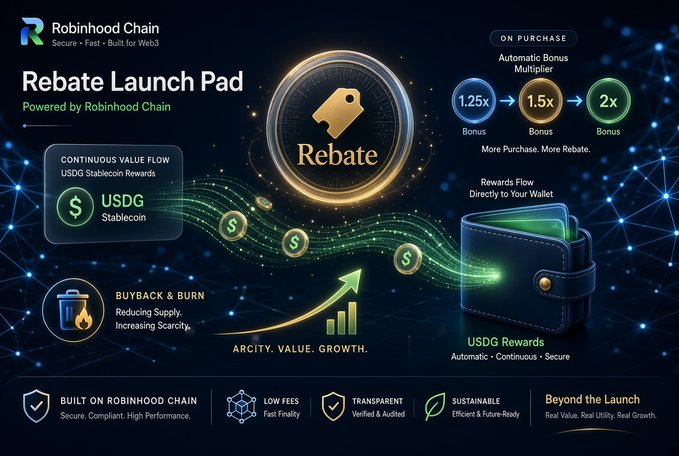 A promotional graphic for 'Rebate Launch Pad' powered by Robinhood Chain, highlighting USDG stablecoin rewards, buyback & burn, and automatic multipliers.