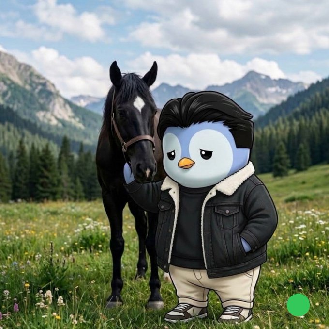 An AI-generated image of a cartoonish penguin character wearing a black shearling-lined denim jacket and beige pants, standing next to a black horse in a mountain meadow.