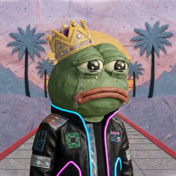 A sculpture of a sad Pepe the Frog wearing a golden crown and a cyberpunk-style jacket with neon pink and blue accents, set against a backdrop with palm trees.