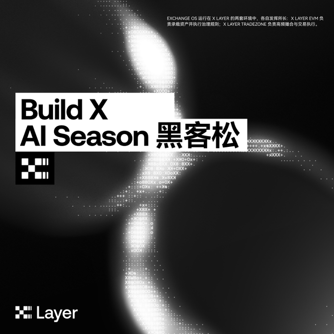 A promotional graphic for the "Build X AI Season 黑客松" (Build X AI Season Hackathon) by Layer, featuring a black background with white text and a large stylized "X" made of dots and code characters, announcing prizes up to 300,000 USDT for AI and Web3 builders running until August 22. The Layer logo appears in the bottom left corner.