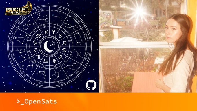 A split-screen image from "Bugle News" shows a zodiac chart on the left beside a portrait of a woman on the right, with an orange banner reading ">_OpenSats" at the bottom, illustrating the claim that user @realizingerin received an OpenSats grant to audit Bitcoin projects for "astrological vulnerabilities."