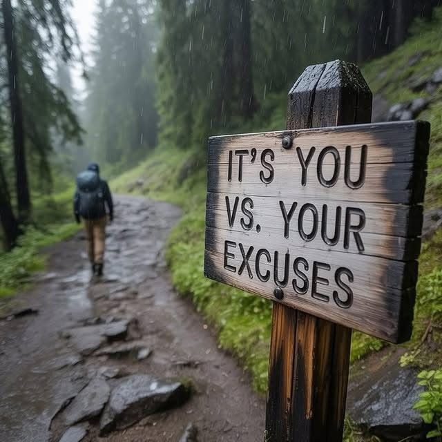 A wooden sign on a forest trail reads 'IT'S YOU VS. YOUR EXCUSES' in burned lettering, with a hiker walking away on the wet path in the background.