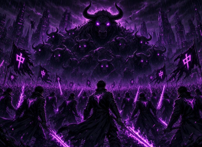 An army of warriors wielding glowing purple swords stands before colossal horned beasts with glowing eyes in a dark, rain-soaked cityscape, with banners displaying a "中" symbol and a warrior's shoulder marked "₳." The imposing fantasy battle imagery evokes epic anime confrontations, fitting the post's promotion to join AnimeGems for a chance to win $ANSEM.
