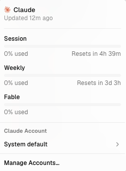 The image shows a Claude account usage status panel displaying "0% used" across Session (resets in 4h 39m), Weekly (resets in 3d 3h), and Fable categories, with "Manage Accounts" option visible. The screenshot confirms the post's reference to a fresh Claude session reset, while showing Fable usage alongside it as the user jokes about building a fintech unicorn with @myrrakle.