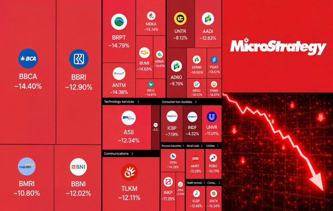 A red-toned stock market treemap displays steep declines across Indonesian equities, with major tickers like BBCA (-14.40%), BMRI (-10.80%), BBRI (-12.90%), and TLKM (-12.11%) showing double-digit losses, alongside a "MicroStrategy" logo and a sharply falling red trendline, visually reinforcing the post's claim that MSCI index risks are triggering global stock market panic.